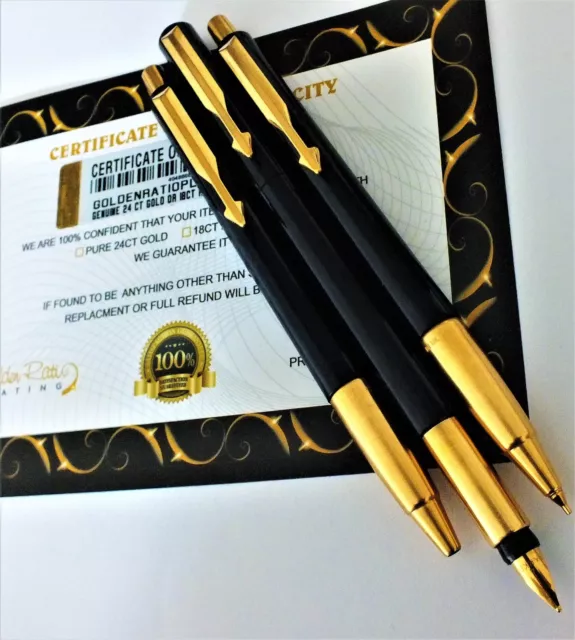 24Ct Gold Plated Parker Fountain Vector Writing Pen and Pencil Set Ink Gift 24K