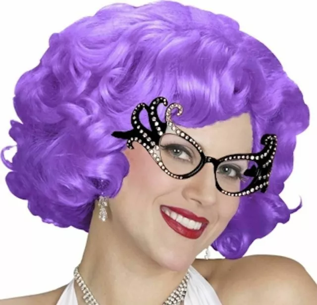 Dame Edna Purple Wig & Glasses Costume Set | Cat Eye Diamante Glasses