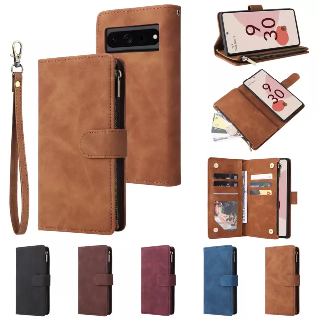 For Google Pixel 7A 8 Pro Magnetic Leather Zipper Card Wallet Stand Case Cover