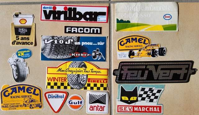 lot 14 autocollant ancien Marchal GULF CAMEL KLEBER DEVIL SHELL PIRELLI DINITROL