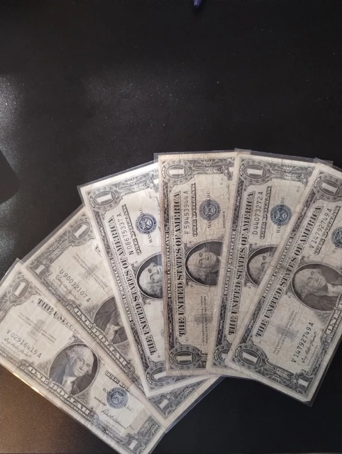 Lot of 6 Bills 1957 Silver Certificate $1 Dollar Blue Seal, Circulated,Heavy Use