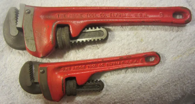 2 lot,Ridgid 6",8" Heavy Duty Pipe Wrench Lot Set vintage Elyria Ohio,Ridge Tool