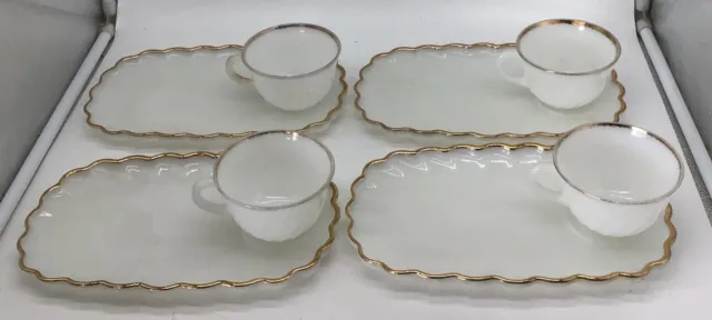 1960s Anchor Hocking Fire King White Swirl Gold Trim 8-Piece Snack Plate&Cup Set