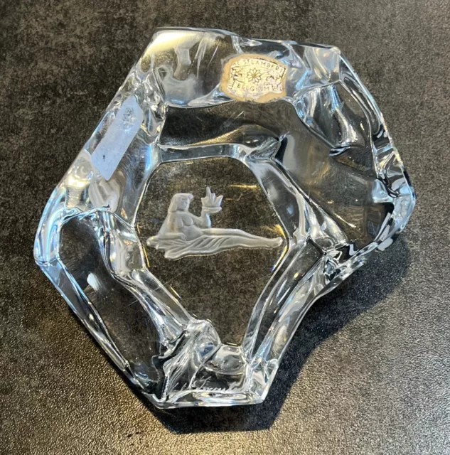 VAL ST. LAMBERT Ice Chunk Clear Crystal Paperweight with Reclining Goddess Image