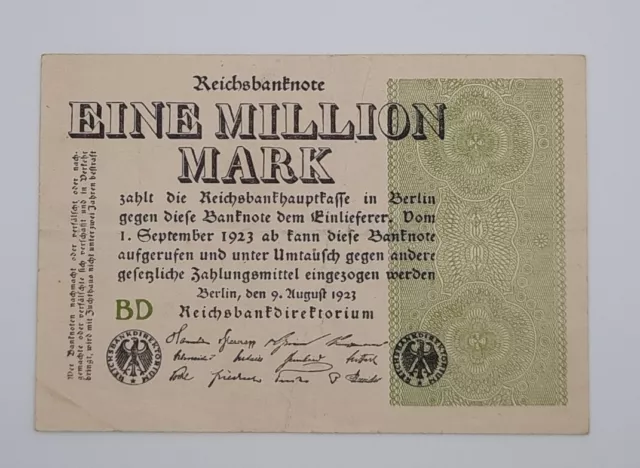 1923 - Weimarer Republic, GERMANY - 1 Million German Mark Banknote Serial No. BD