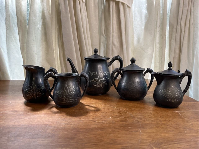 Royal Mfg Co Triple Plate Silver Etched Flowers Tea Service Set 5 Pc # 01008