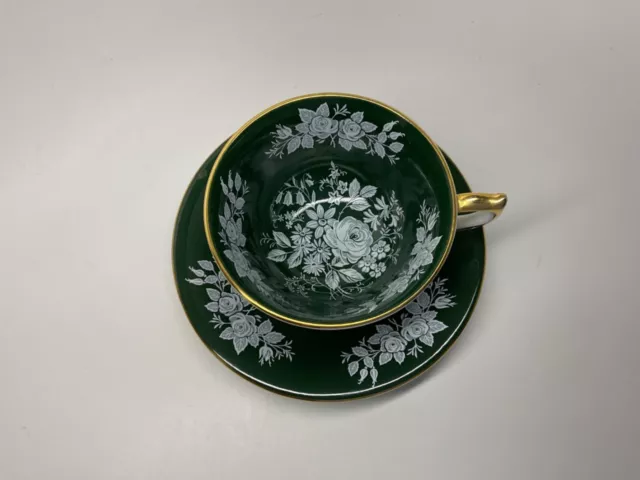 HTF! Aynsley Forest Green  & White Roses Bone China Tea Cup & Saucer Set - MINT