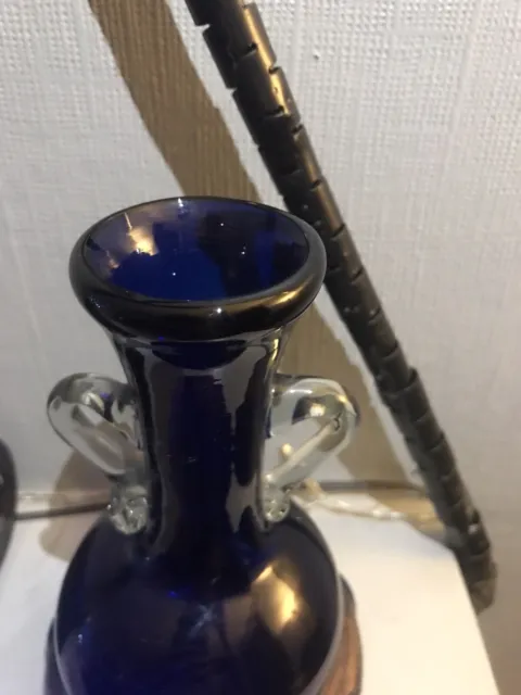 Vintage Romanian Blue Art Glass Vase Metal Casing Twin Handle Handmade Unique 3