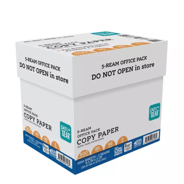 Copy Paper, 8.5" x 11", 92 Bright, 20 lb., 5 Reams (2,500 Sheets)