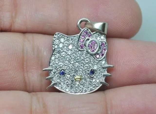 Large Hello Kitty 18K White Gold Pave Diamond Pendant w/ Pink and Blue Sapphires