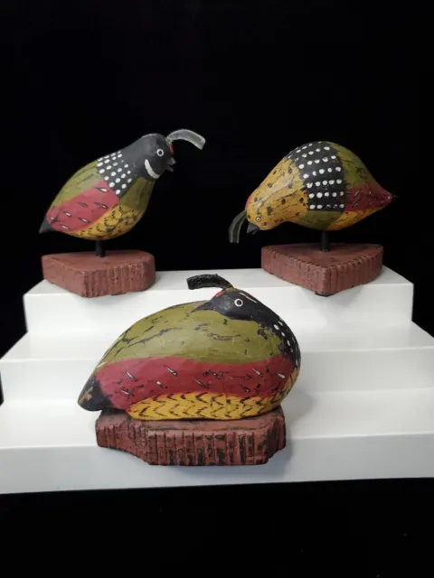 Lot of 3 Foreside Carved Bird Quail Figures Gorham Maine FOLK ART PRIMITIVE☆READ