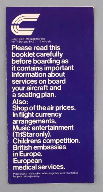Court Line Airline Information Brochure Bac1-11 Tristar L1011 Seat Maps 1973