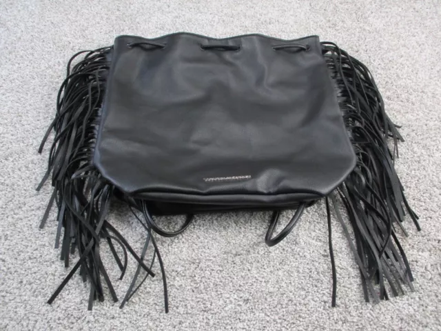 Victorias Secret Backpack Women Black Faux Leather Fringe Purse Shoulder Bag