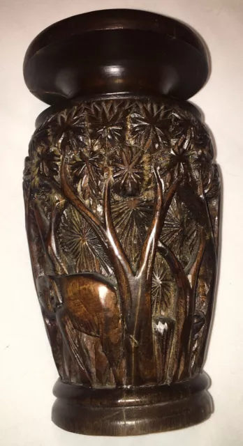 VTG Hand Carved Wooden Vase 3D Elephants Trees And Leaves Deep Carving Cracked