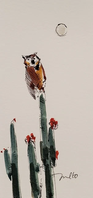 JOSE TRUJILLO Watercolor Painting IMPRESSIONISM Collectible ORIGINAL Cactus Owl