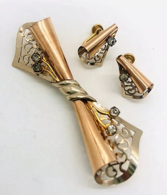 VAN DELL Rose Gold Filled Fluted Brooch Earrings Demi Signed Vintage Jewelry