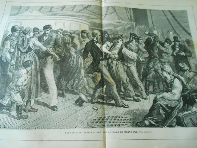 Gravure 1882 - Les Emigrants Russes Arrivée en rade de New York