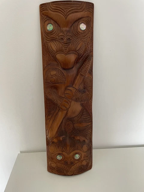 RARE TRIBAL MAORI New Zealand Hand Carved Wood Wall Decor 45cmx10cm £80 ...