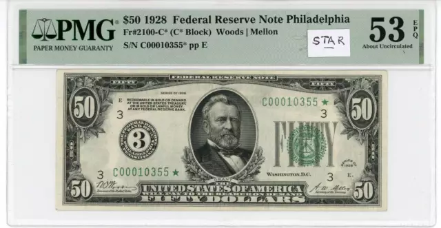 NobleSpirit No Reserve US Fr 2100-C 1928 $50 Federal Reserve Star Note PMG 53