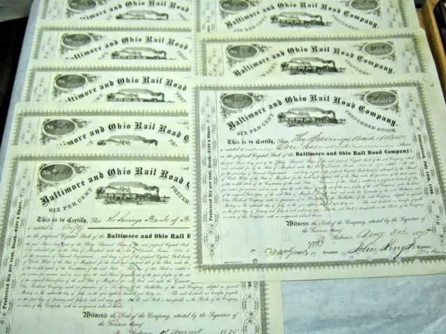 1868 & 1875 Savings Bank Baltimore 2813 Shares B&O RR Stock Certificate w Stamp