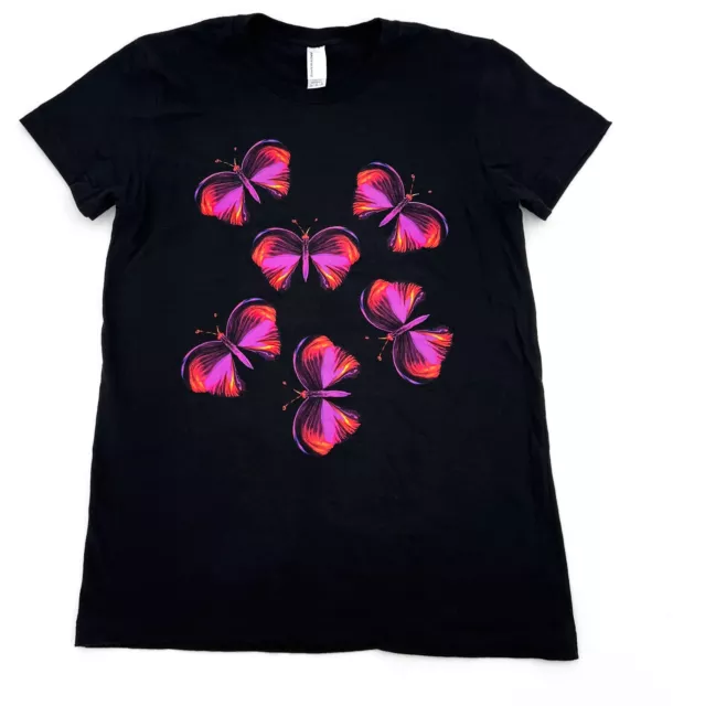 American Apparel Shirt Womens Large Black Colorful Butterfly T-shirt Crew Neck