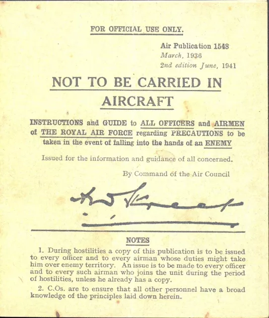 WW2 RAF Not To Be Carried In Aircraft Booklet Replica Pilot World War II Airmen