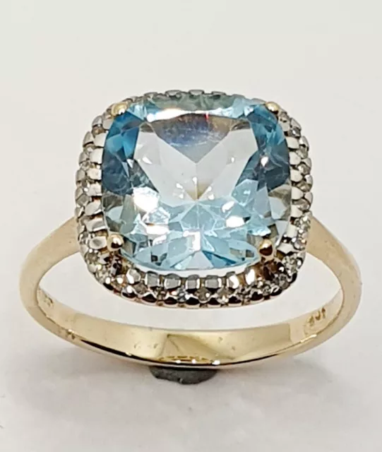 Big 9ct Yellow Gold Diamond and Blue Topaz Cushion Cluster Ring Size N Hallmark