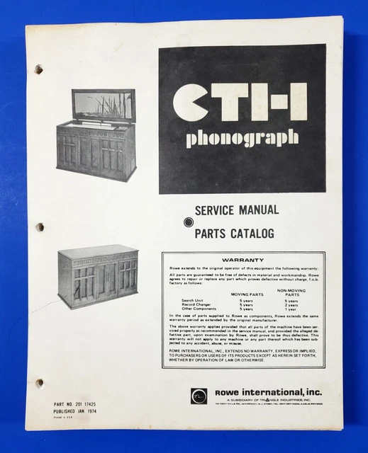 Rowe CTI-I Service Manual and Parts Catalog 1974 Phonograph Jukebox
