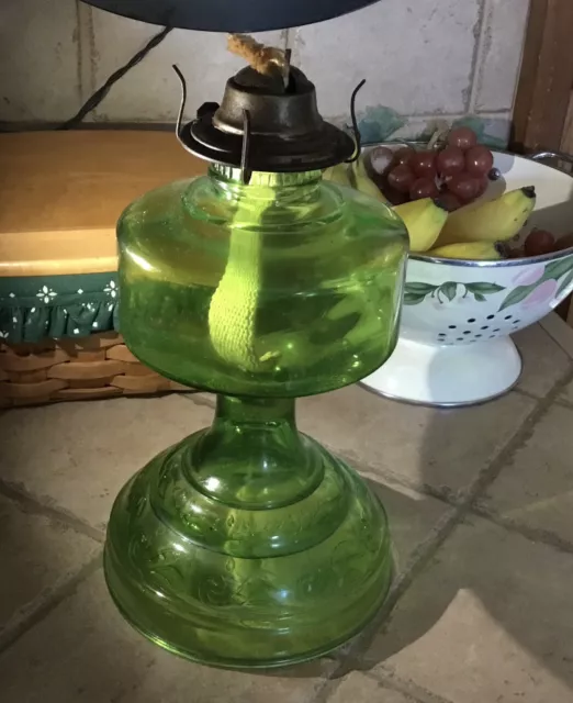 Vintage  Green  Uranium Depression Glass Oil Lamp, no hurricane