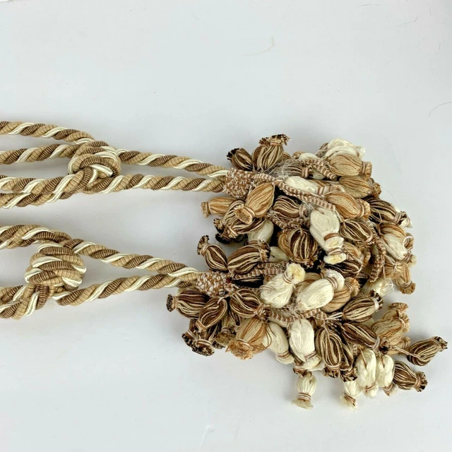 Set 2 Large Drapery Curtain Braided Tie Backs with Tassels Brown Taupe Pompoms 2