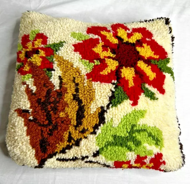 Vintage 1970’s Flower Shag Latch Hook Throw Pillow Handmade 15" Square