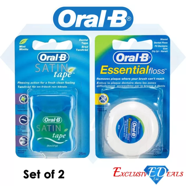 Set of 2 Oral B Essential Mint Dental Floss 50m & Mint Satin Tape Floss 25m