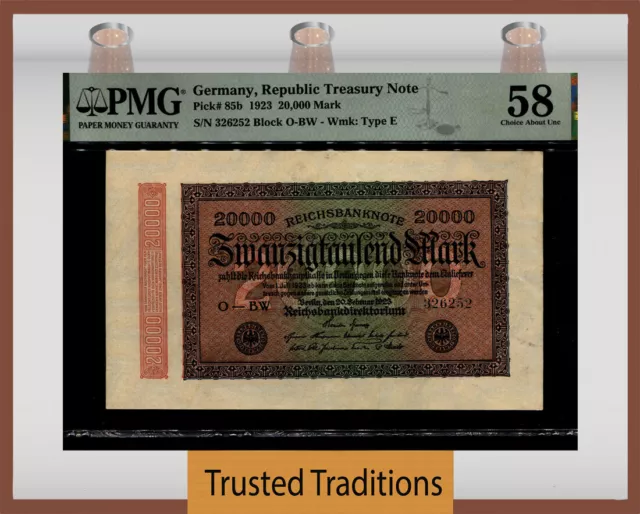 TT PK 85b 1923 GERMANY REPUBLIC TREASURY NOTE 20000 MARK PMG 58 CHOICE AU