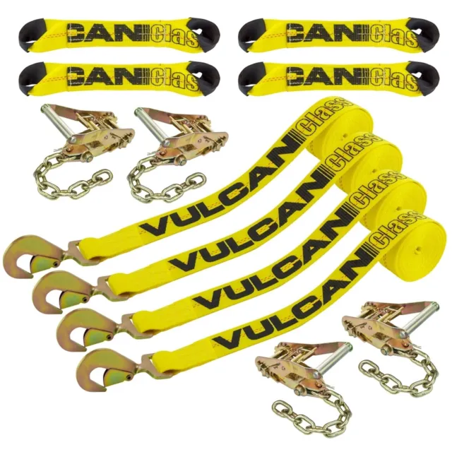 VULCAN 8-Point Roll Back Car Tie Down Kit - Snap Hook & Chain Tail, 4 Pack