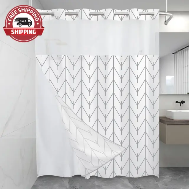 No Hook Geometric Striped Shower Curtain with Snap in Fabric Liner Set - Hotel S