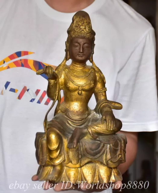 13" Old Tibet Tibetan Bronze Gilt Free Seat Kwan-yin Guan yin Goddess Statue