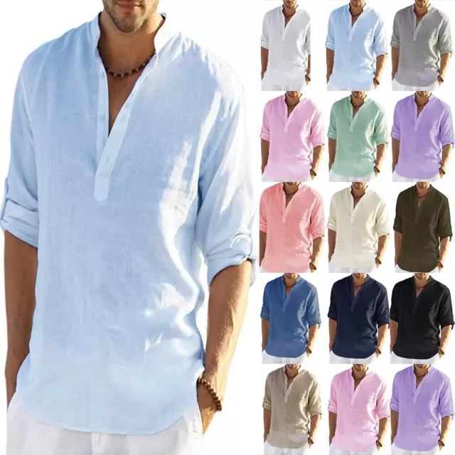 Mens Cotton Linen Shirts Top Casual Loose Summer Beach Solid T Shirt Blouse Size