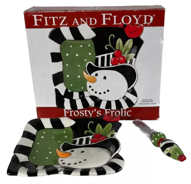 2010 Fitz And Floyd Frosty’s Frolic Snack Plate With Spreader Knife Original Box