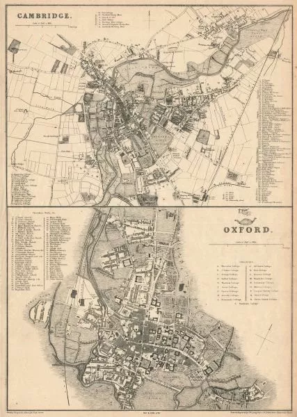 OXFORD & CAMBRIDGE. Town/city plan by JW LOWRY for the Dispatch Atlas 1863 map