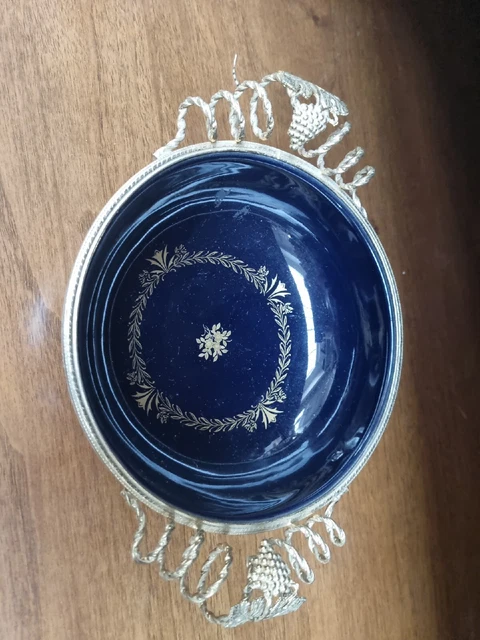 Porta Bon Bon Centrotavola In Porcellana Blu E  Oro Vintage