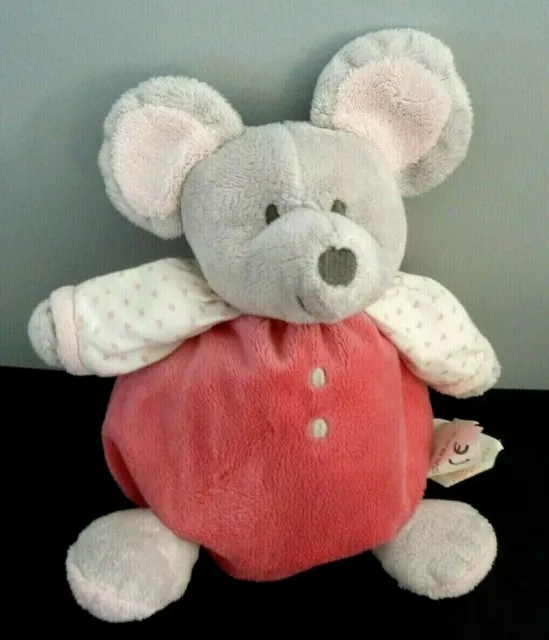 *. DOUDOU BOULE OBAIBI SOURIS ROSE GRIS BRAS BLANC COEUR 21cm GRELOT - TBE