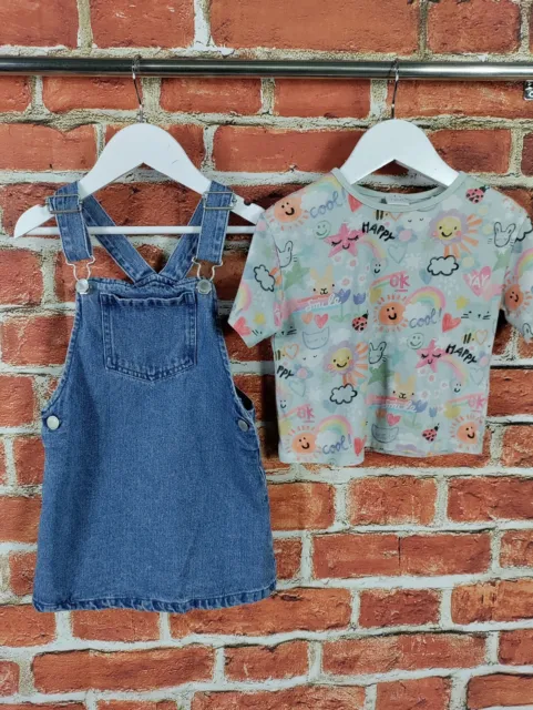 Girls Bundle Age 3-4 Years Next Denim Pinafore Dress Top T-Shirt Sunshine 104Cm