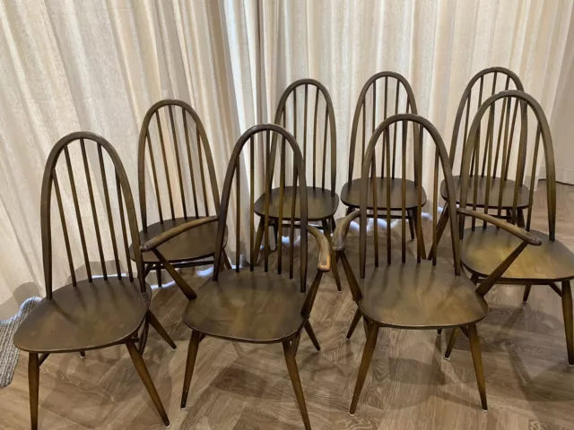 8 Vintage Ercol Windsor Quaker Dining Chairs - 2 Carvers, 6 Dining Chairs