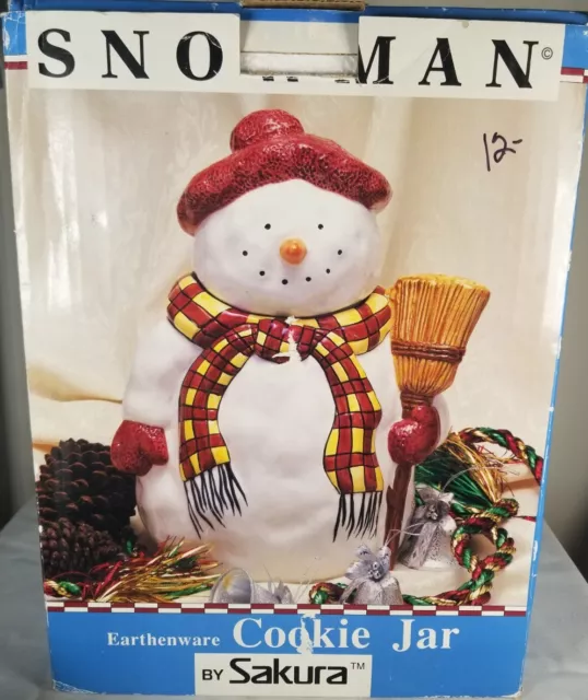 Sakura Debbie Mumm Christmas Cookie Jar Snowman w/Broom Holiday Ceramic