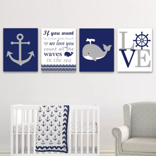 Nautical Nursery Decor, Paper Prints or Canvas, Set of 4 Prints, Whale Anchor