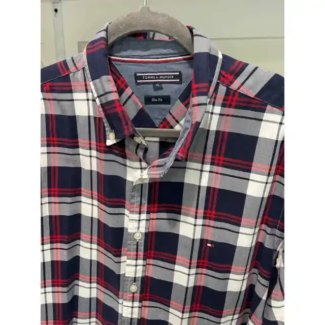 Tommy Hilfiger Men's Slim Fit Button-Down Dress Shirt Plaid Size XL