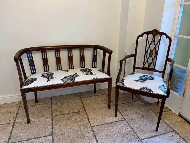 Edwardian Inlaid Mahogany Settee & Elbow Chair. Matching Modern B/W Upholstery