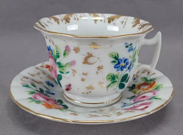 Mid 19th Century Old Paris Hand Painted Floral & Gold Tea Cup & Saucer A