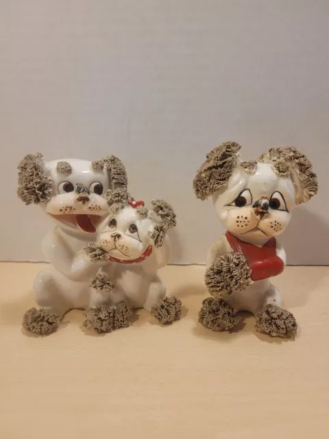 Lot of (2) Vintage 1950's Lefton Spaghetti Dog Figurines Planter w Bug on Nose