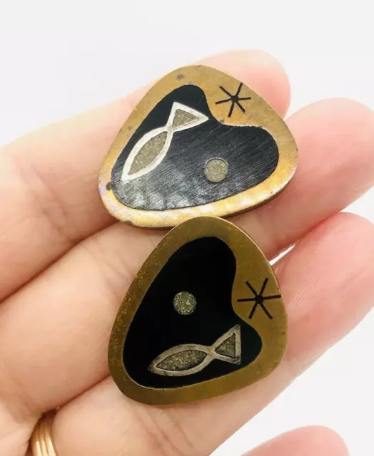 Large Taxco Sterling Silver & Onyx Fish Earrings Modernist 12.5g Vintage Jewelry